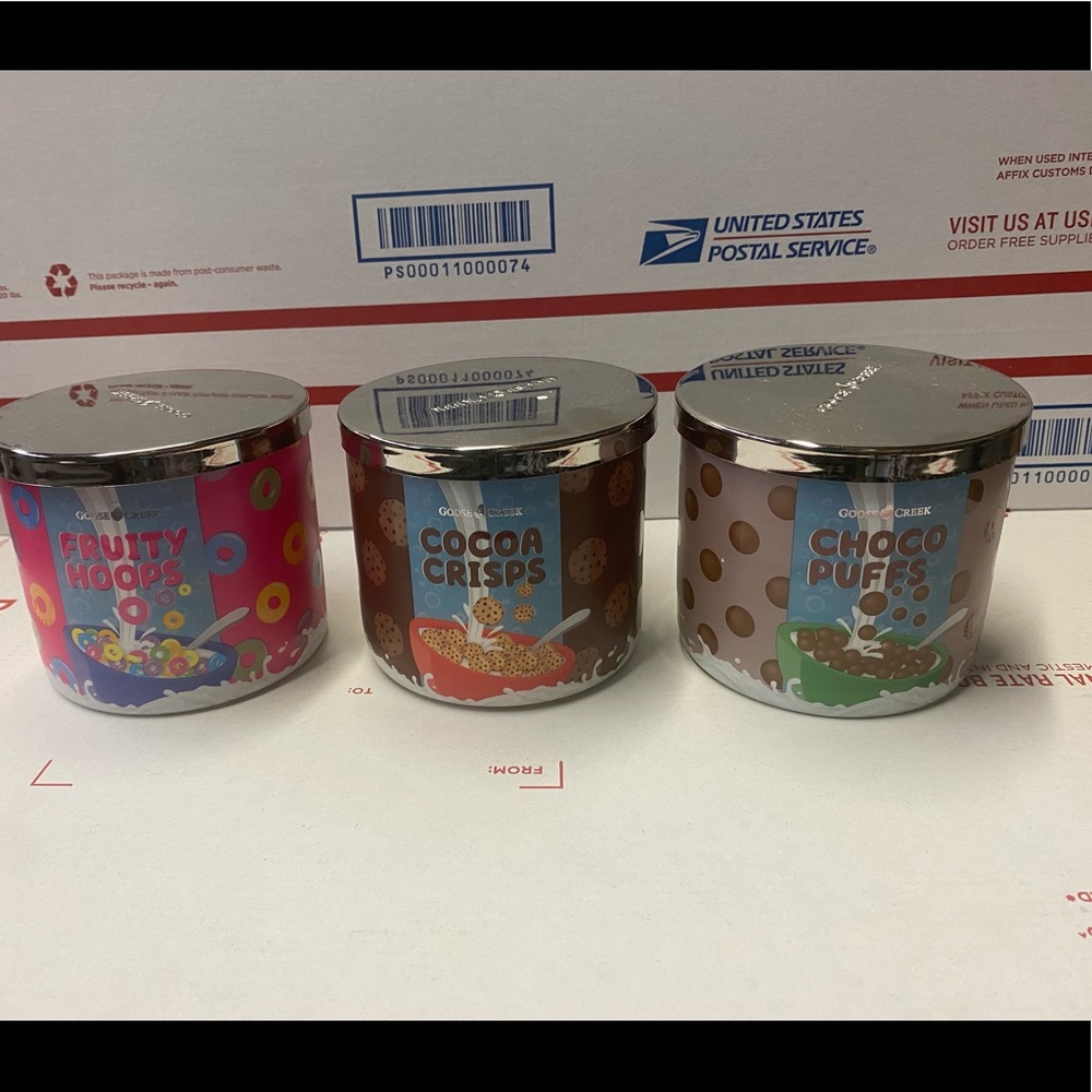 Set of three Cereal Goose Creek Candles 3-wick.